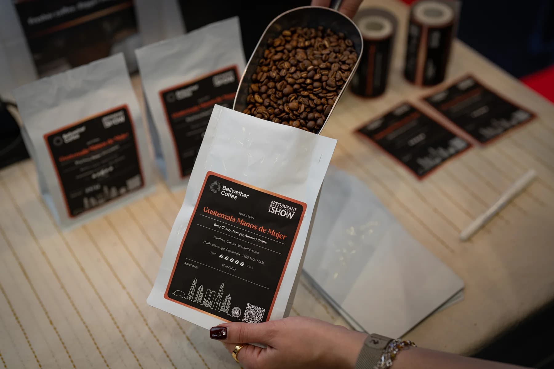 Bellwether bags and labels on a counter