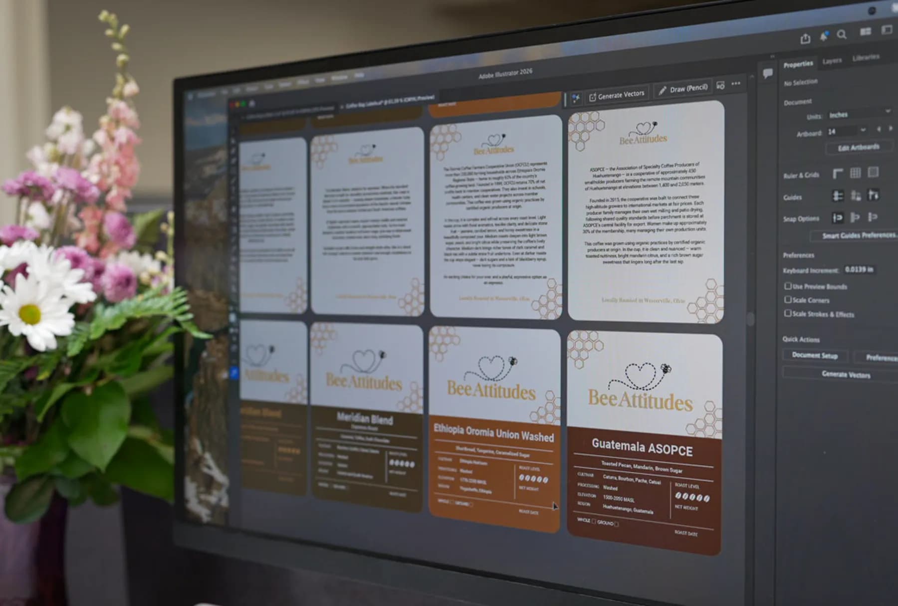 A set of customer labels laid out in Adobe Illustrator on a studio monitor